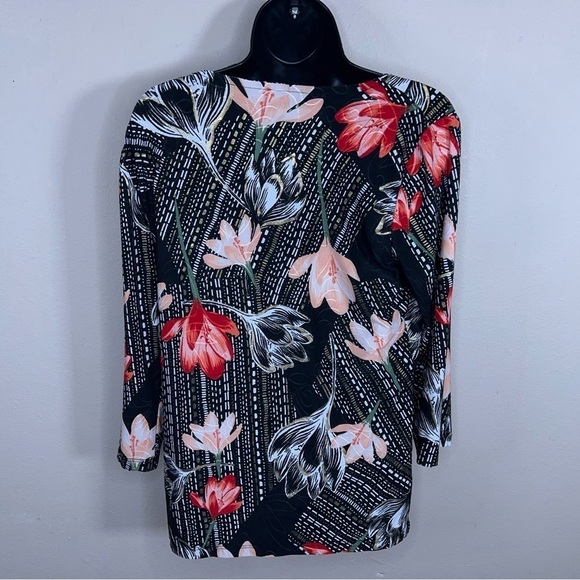 VINTAGE SMALL JM COLLECTION BLOUSE BLACK FLORAL GOLD SHIMMER ACCENT STRETCH - Picture 6 of 12